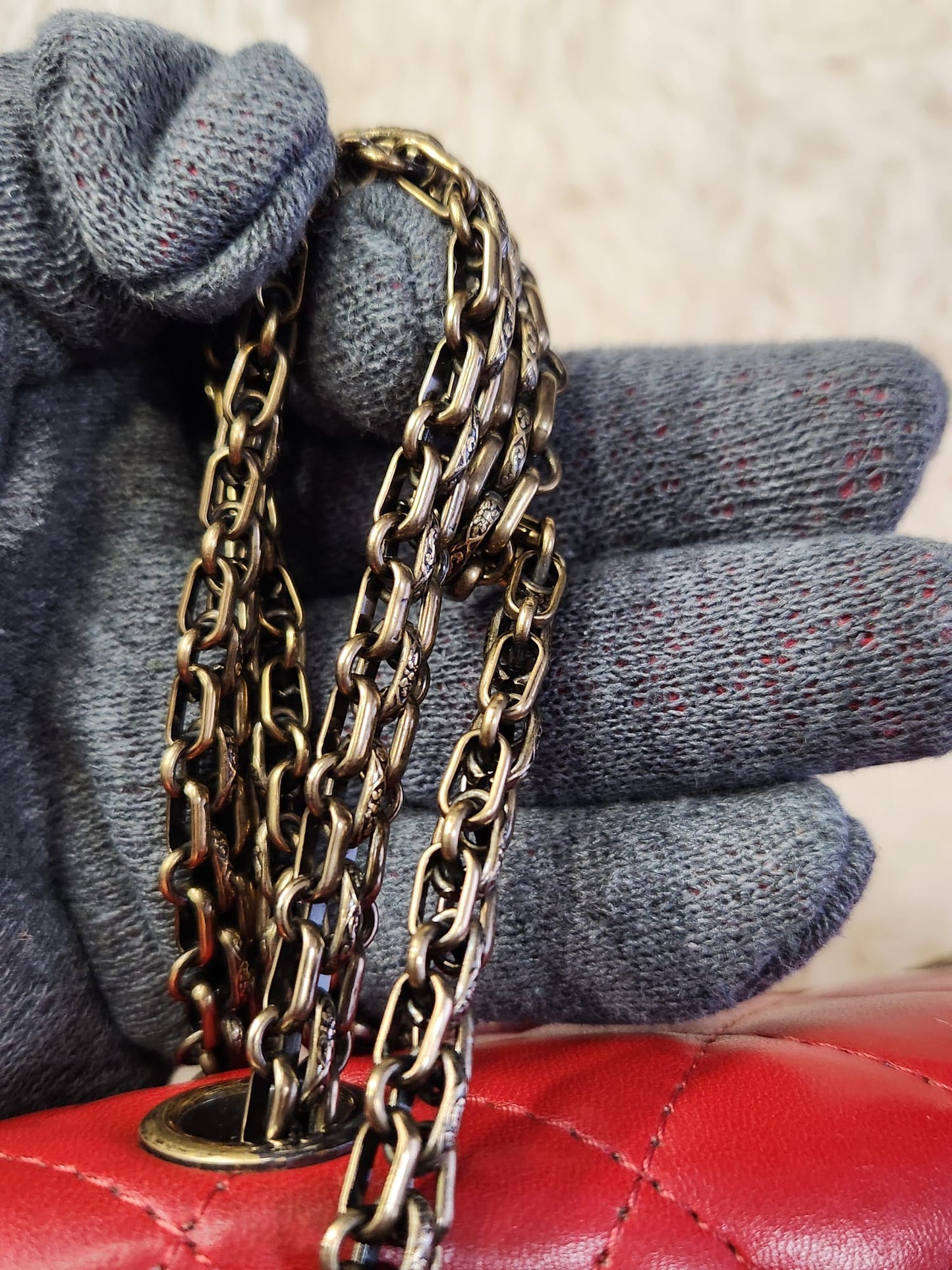 Chanel 2.55 Red Lambskin Leather in antique style gold tone hardware