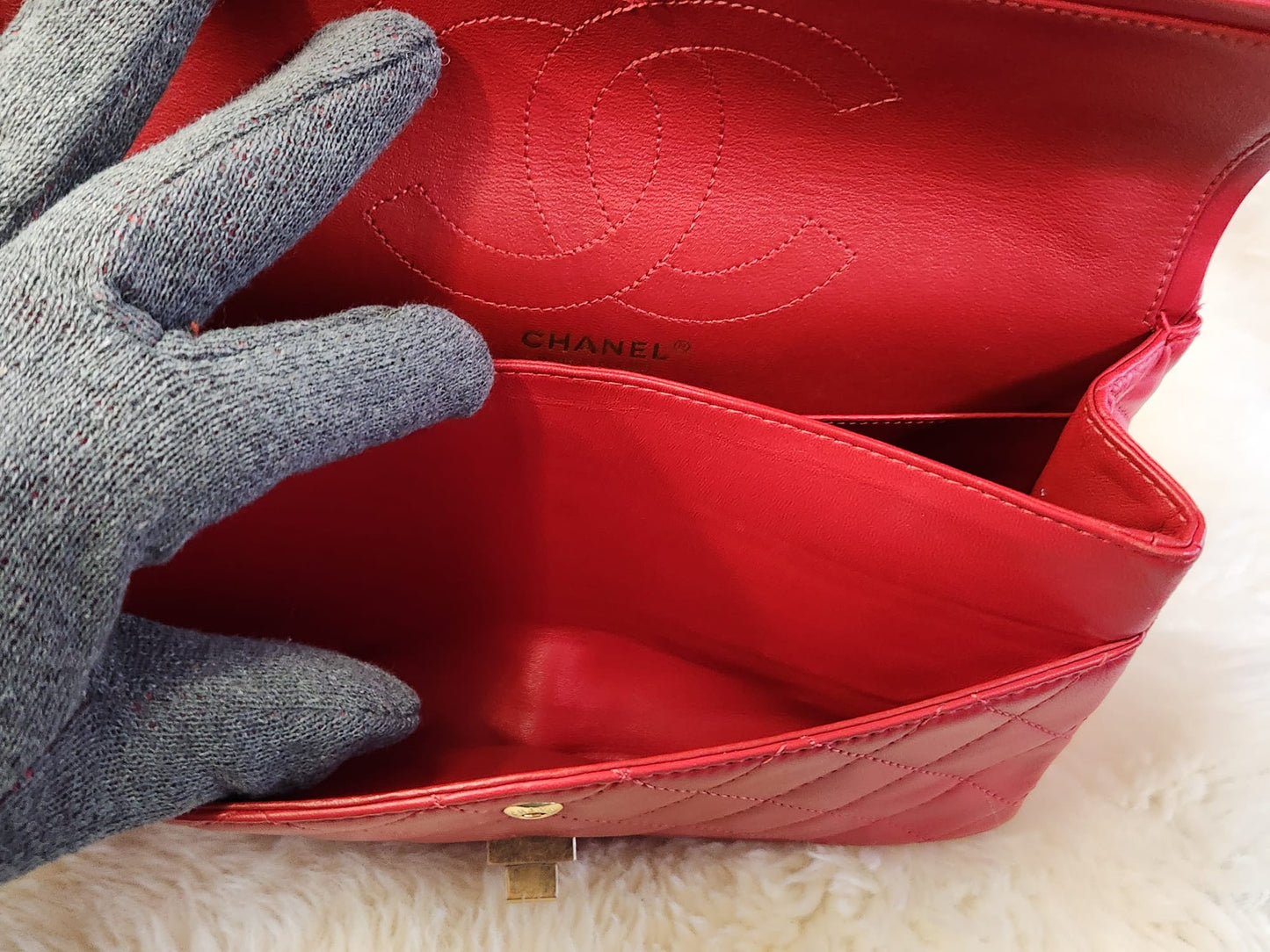 Chanel 2.55 Red Lambskin Leather in antique style gold tone hardware