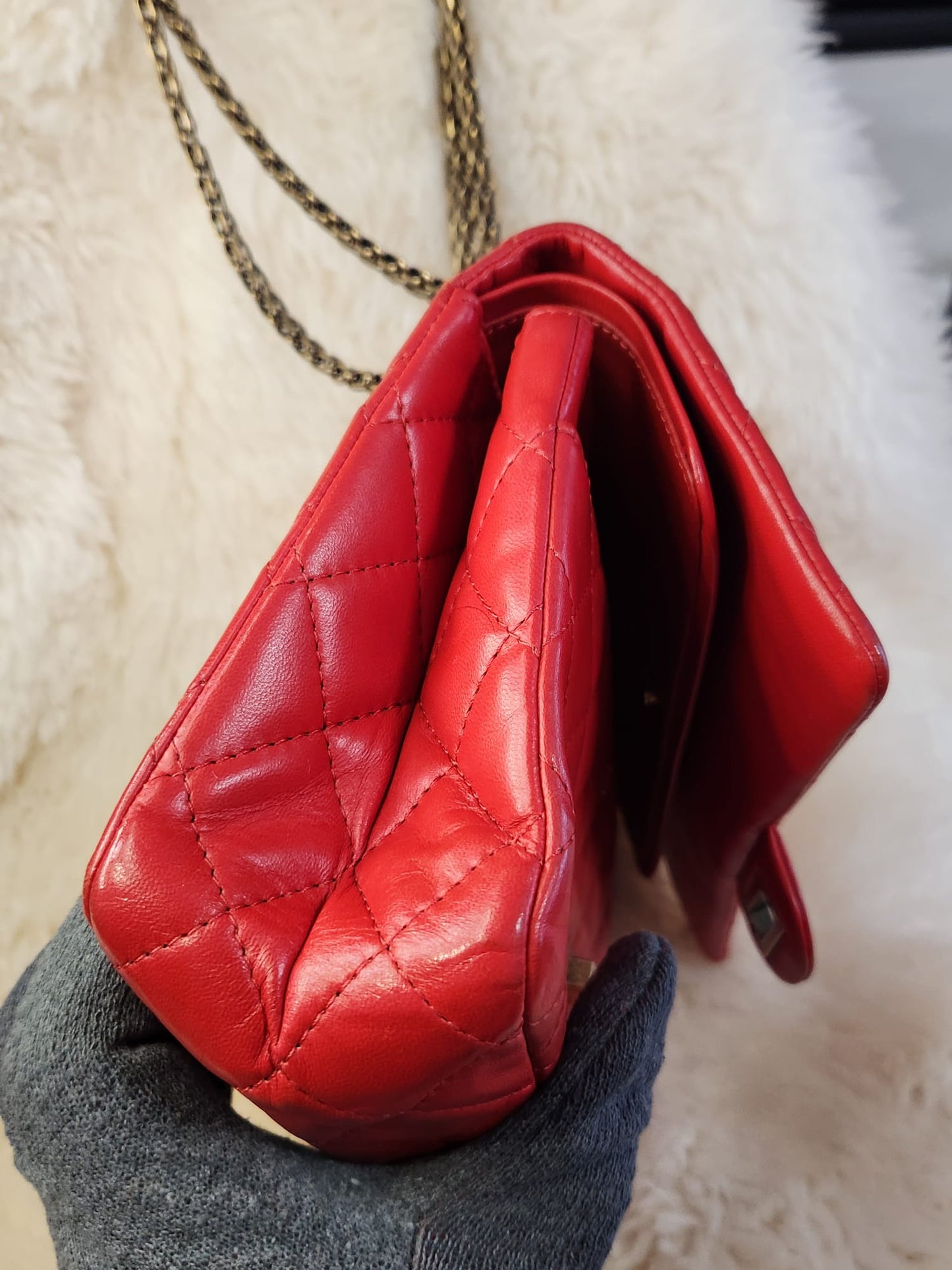 Chanel 2.55 Red Lambskin Leather in antique style gold tone hardware