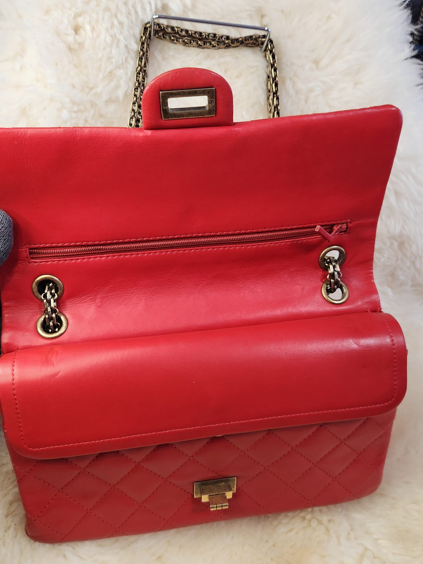 Chanel 2.55 Red Lambskin Leather in antique style gold tone hardware