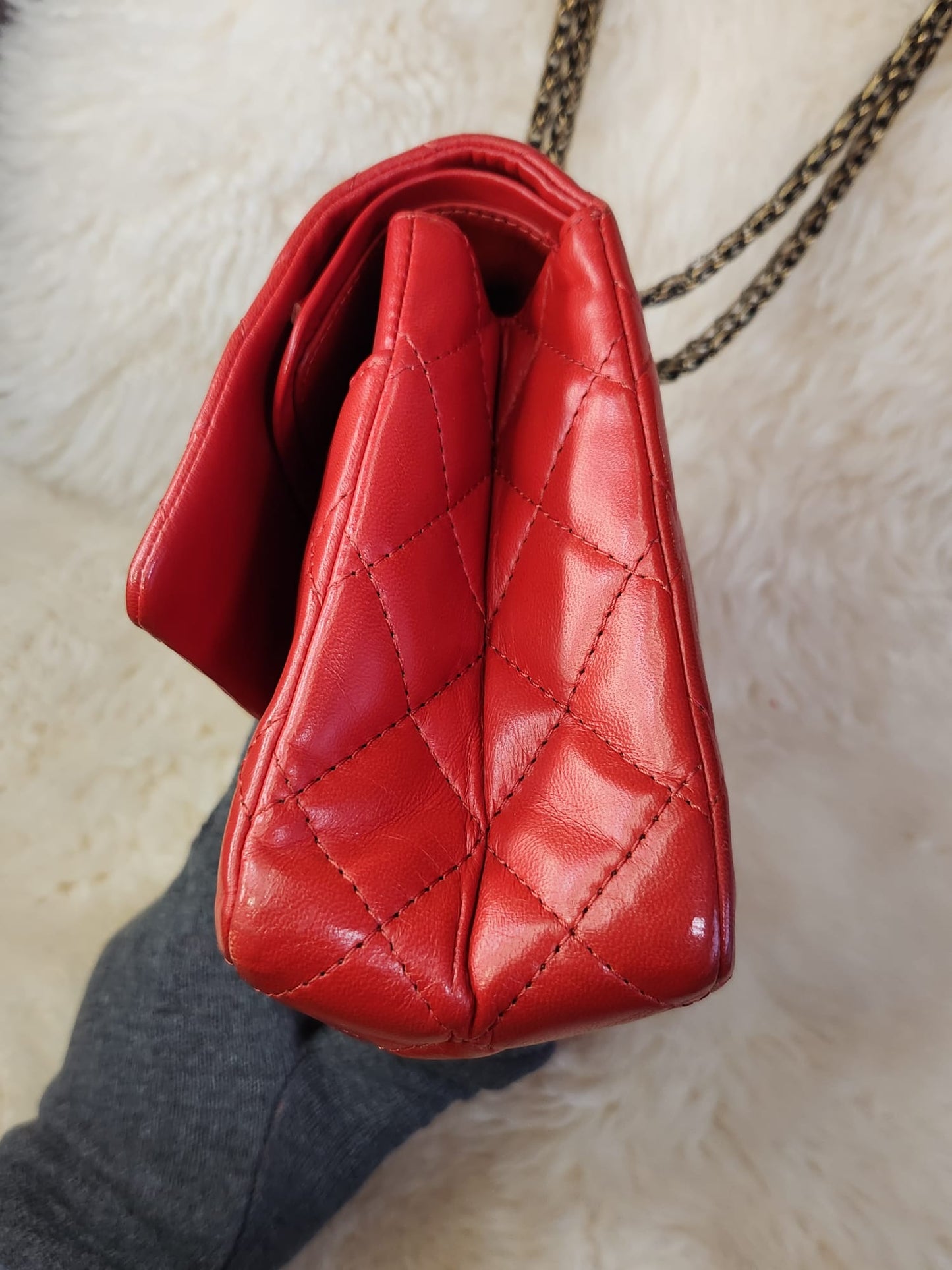 Chanel 2.55 Red Lambskin Leather in antique style gold tone hardware