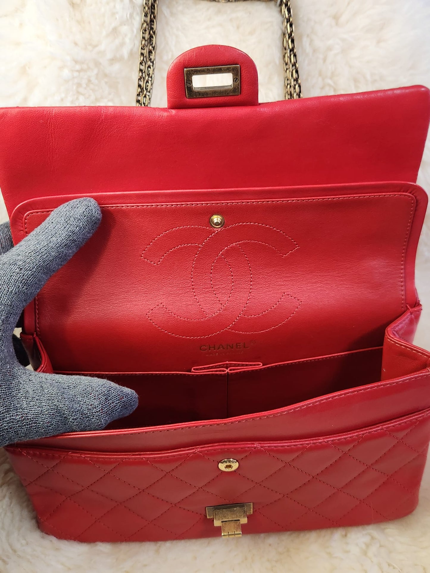 Chanel 2.55 Red Lambskin Leather in antique style gold tone hardware