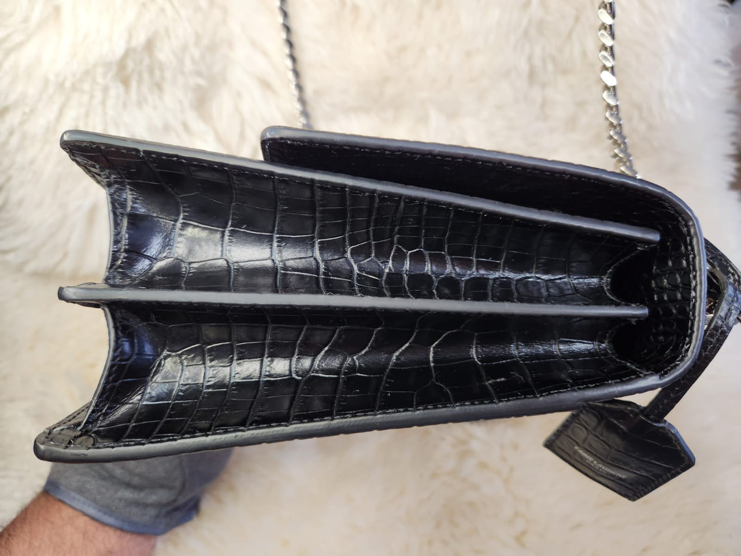 Yves Saint Laurent (YSL) Sunset Crocodile Skin Leather Black Large with Silver Chain Hardware