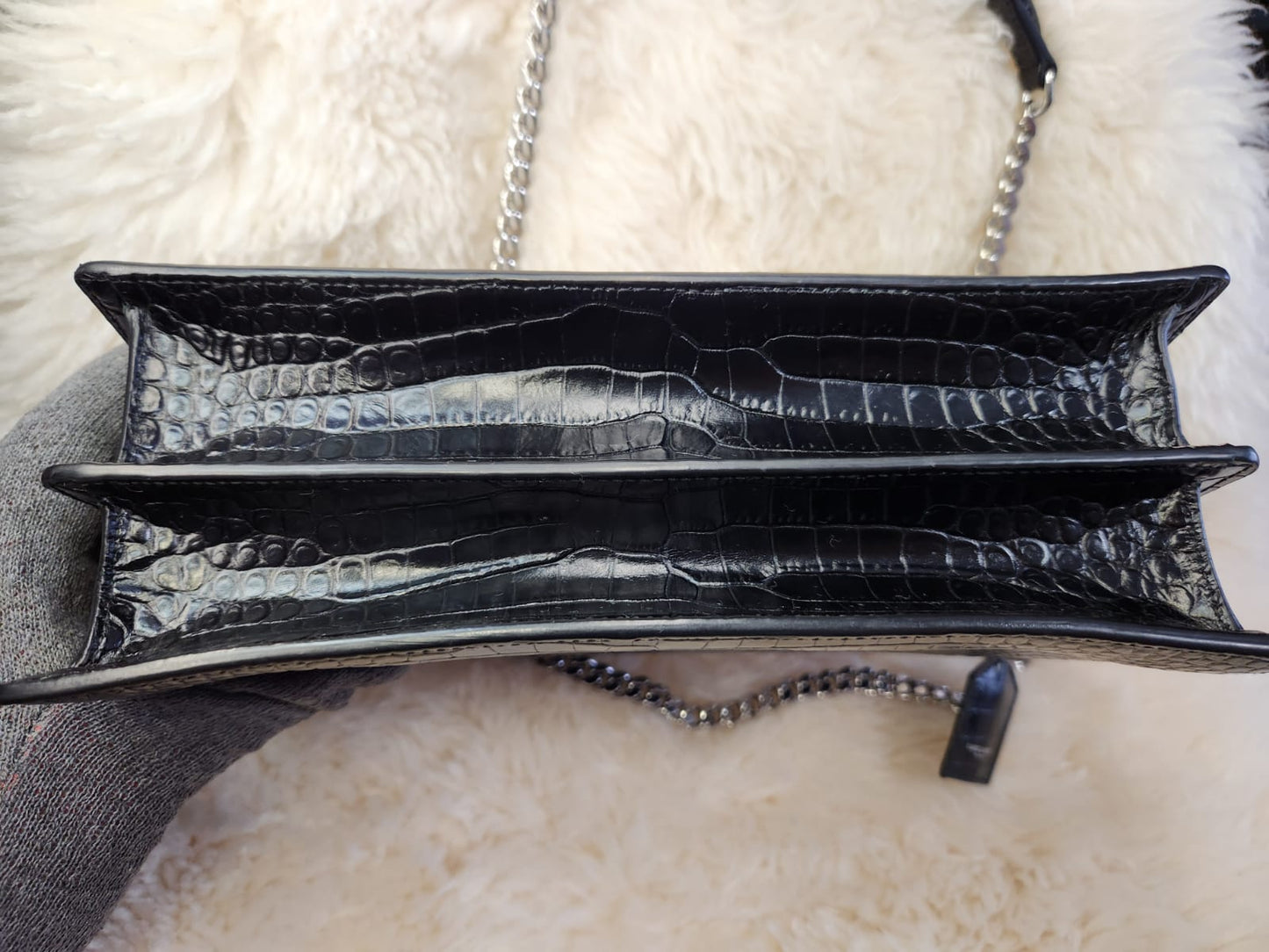 Yves Saint Laurent (YSL) Sunset Crocodile Skin Leather Black Large with Silver Chain Hardware