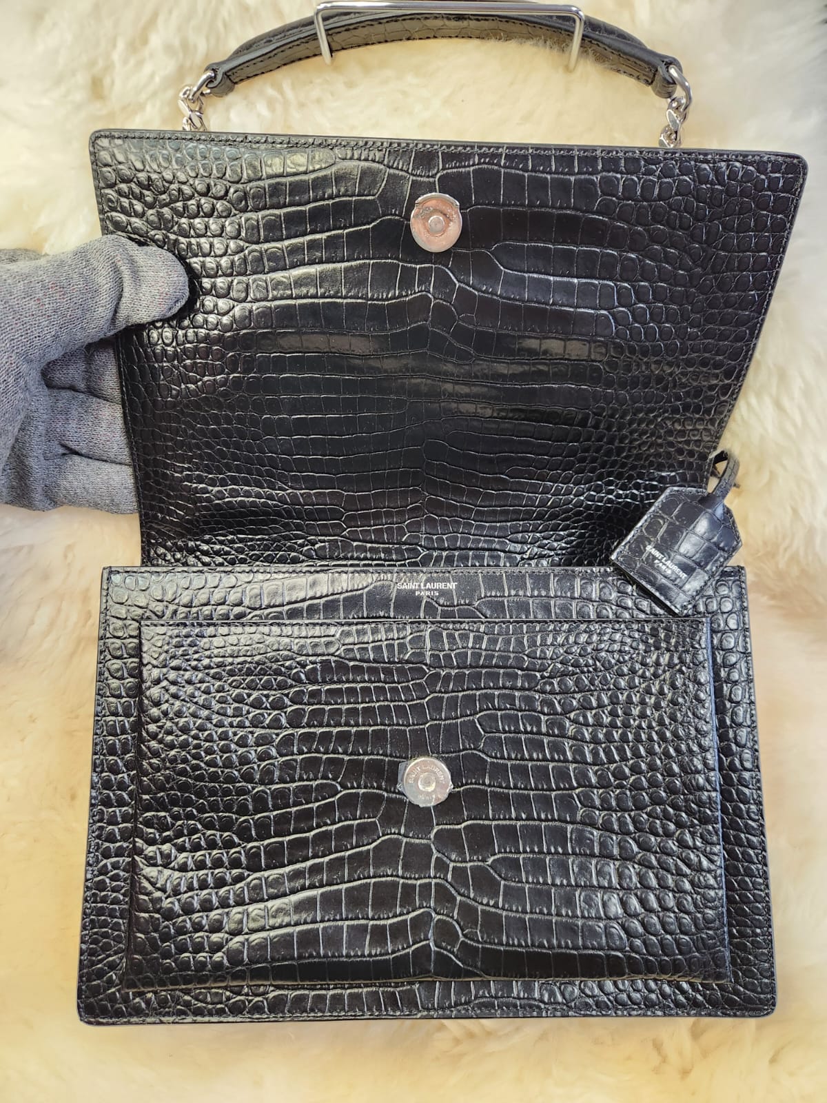 Yves Saint Laurent (YSL) Sunset Crocodile Skin Leather Black Large with Silver Chain Hardware