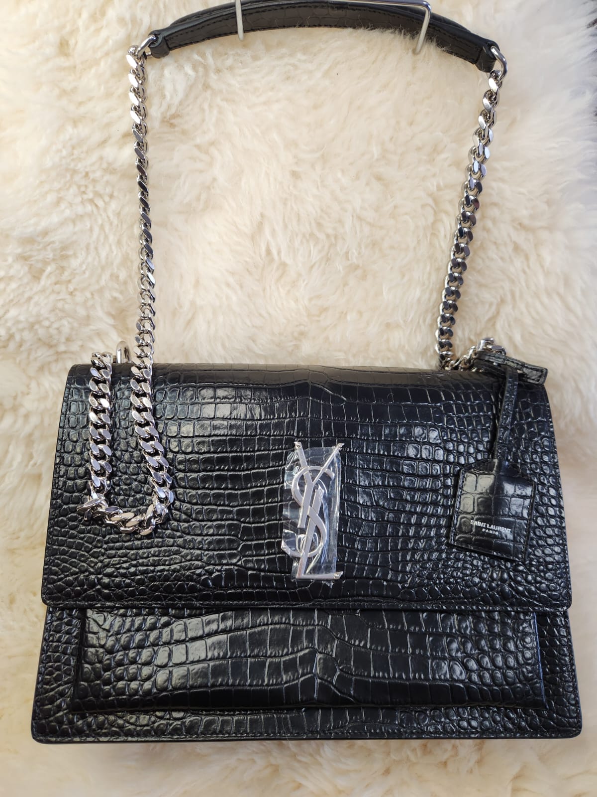 Yves Saint Laurent (YSL) Sunset Crocodile Skin Leather Black Large with Silver Chain Hardware