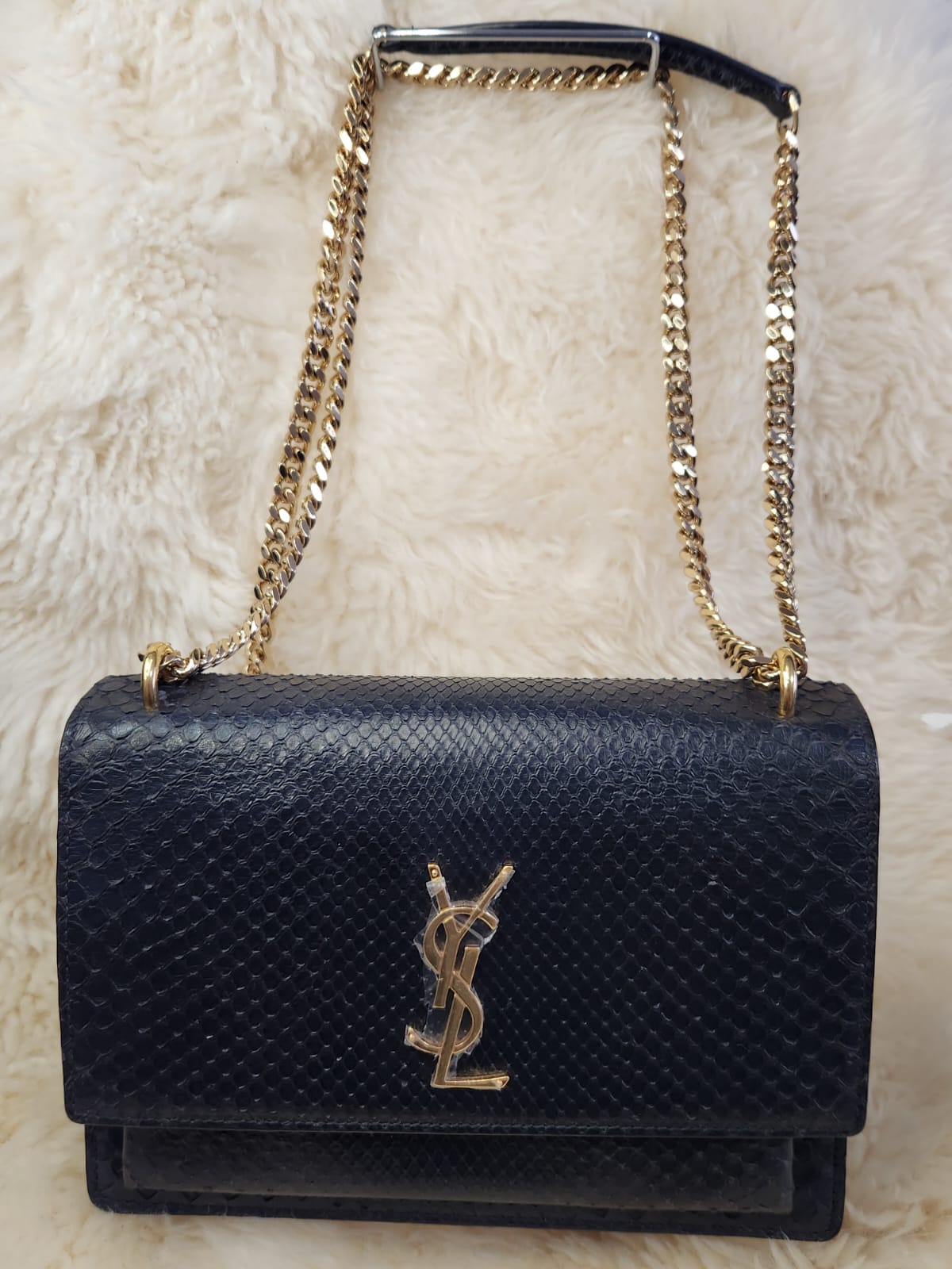 Yves Saint Laurent (YSL) Sunset Snake Skin Leather Midnight Blue Medium with Gold Chain Hardware