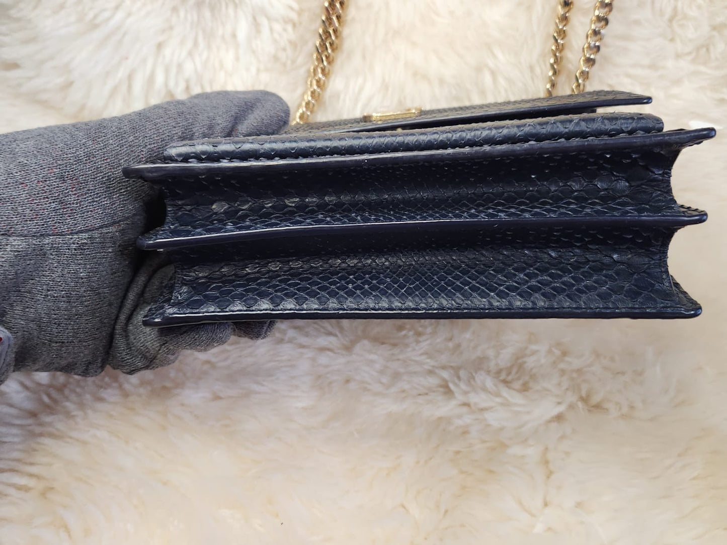 Yves Saint Laurent (YSL) Sunset Snake Skin Leather Midnight Blue Medium with Gold Chain Hardware
