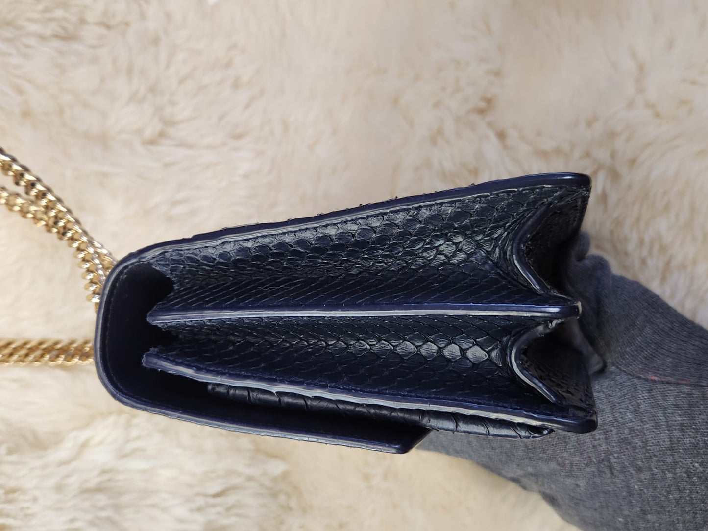 Yves Saint Laurent (YSL) Sunset Snake Skin Leather Midnight Blue Medium with Gold Chain Hardware