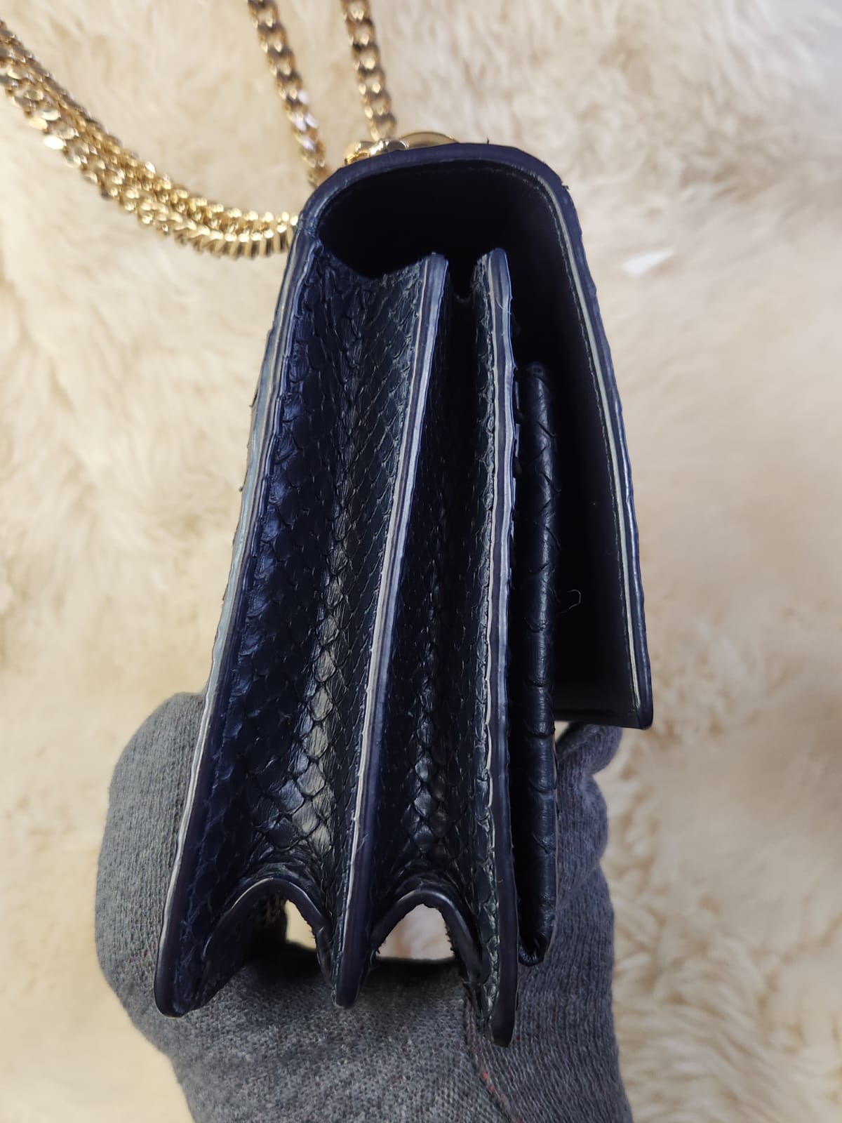 Yves Saint Laurent (YSL) Sunset Snake Skin Leather Midnight Blue Medium with Gold Chain Hardware