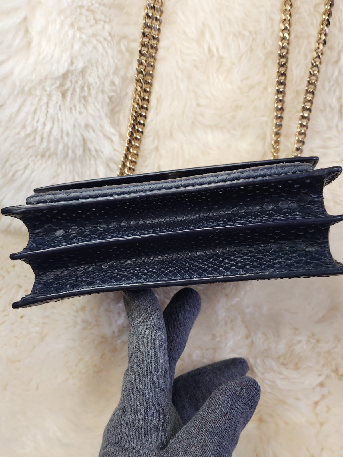 Yves Saint Laurent (YSL) Sunset Snake Skin Leather Midnight Blue Medium with Gold Chain Hardware