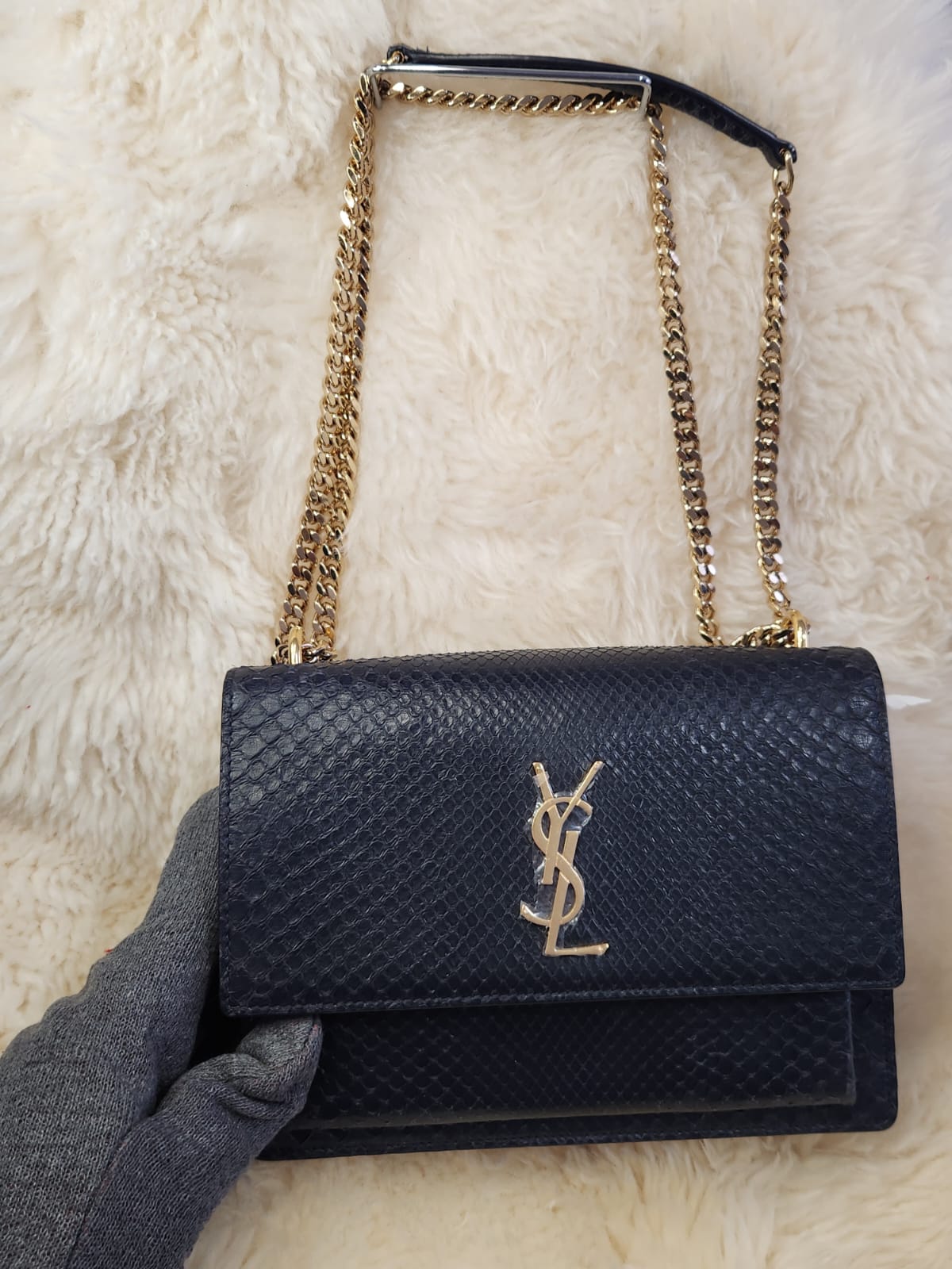 Yves Saint Laurent (YSL) Sunset Snake Skin Leather Midnight Blue Medium with Gold Chain Hardware
