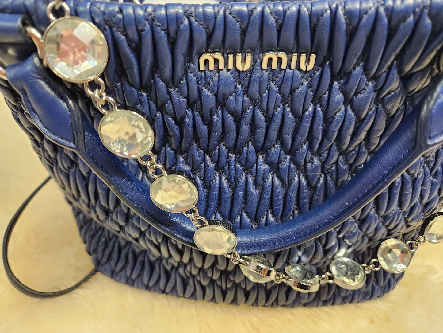 MUI MUI Matelasse Lambskin Leather with two belts Crystal and Leather Belt Royal Blue