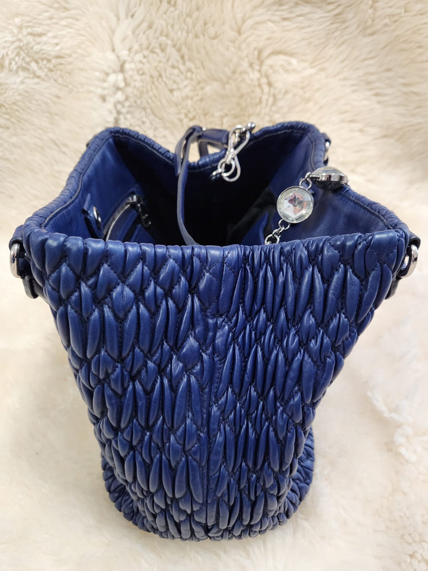 MUI MUI Matelasse Lambskin Leather with two belts Crystal and Leather Belt Royal Blue