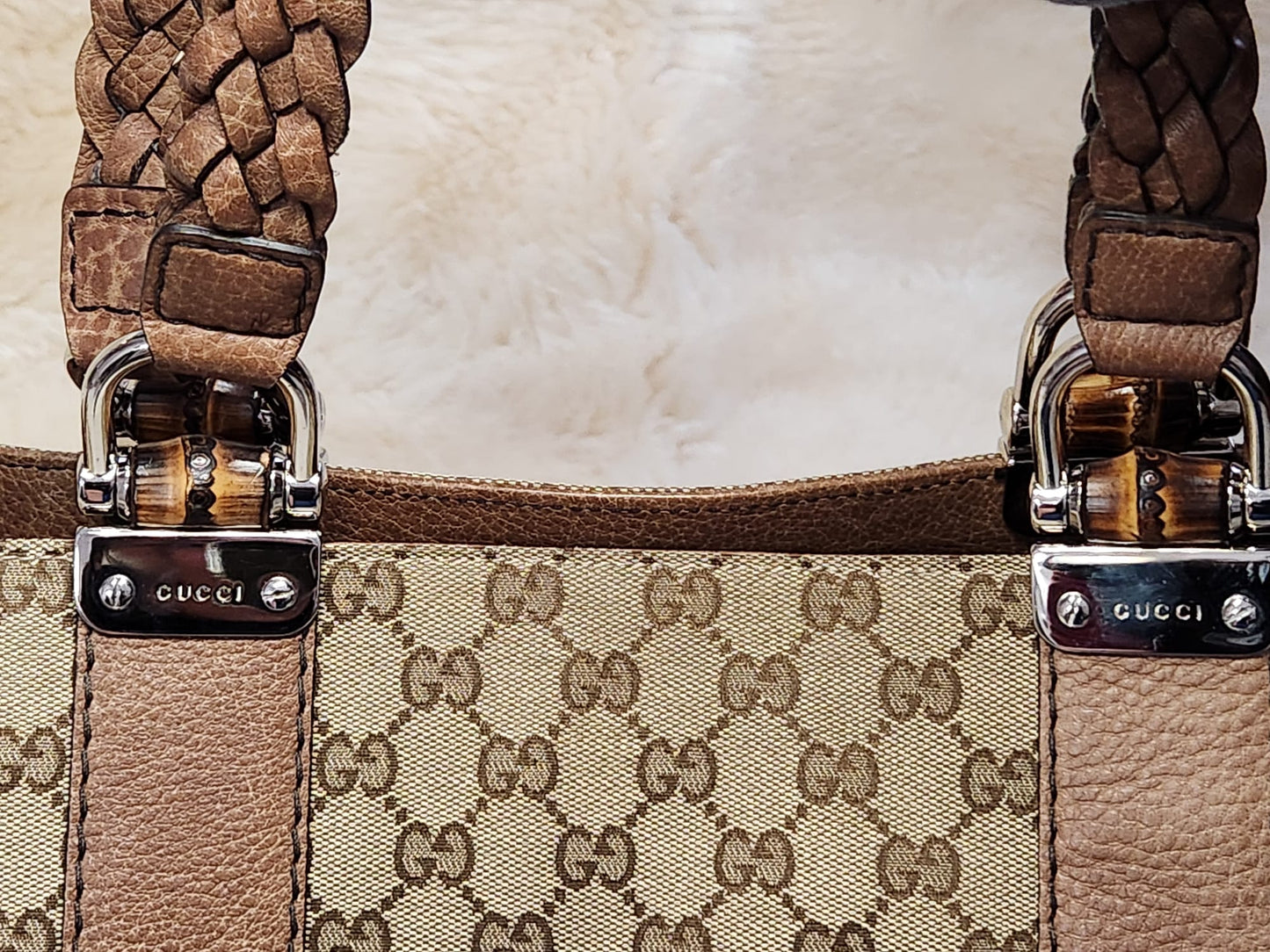 Gucci Monogram Bamboo Bar Tote with Brown Leather