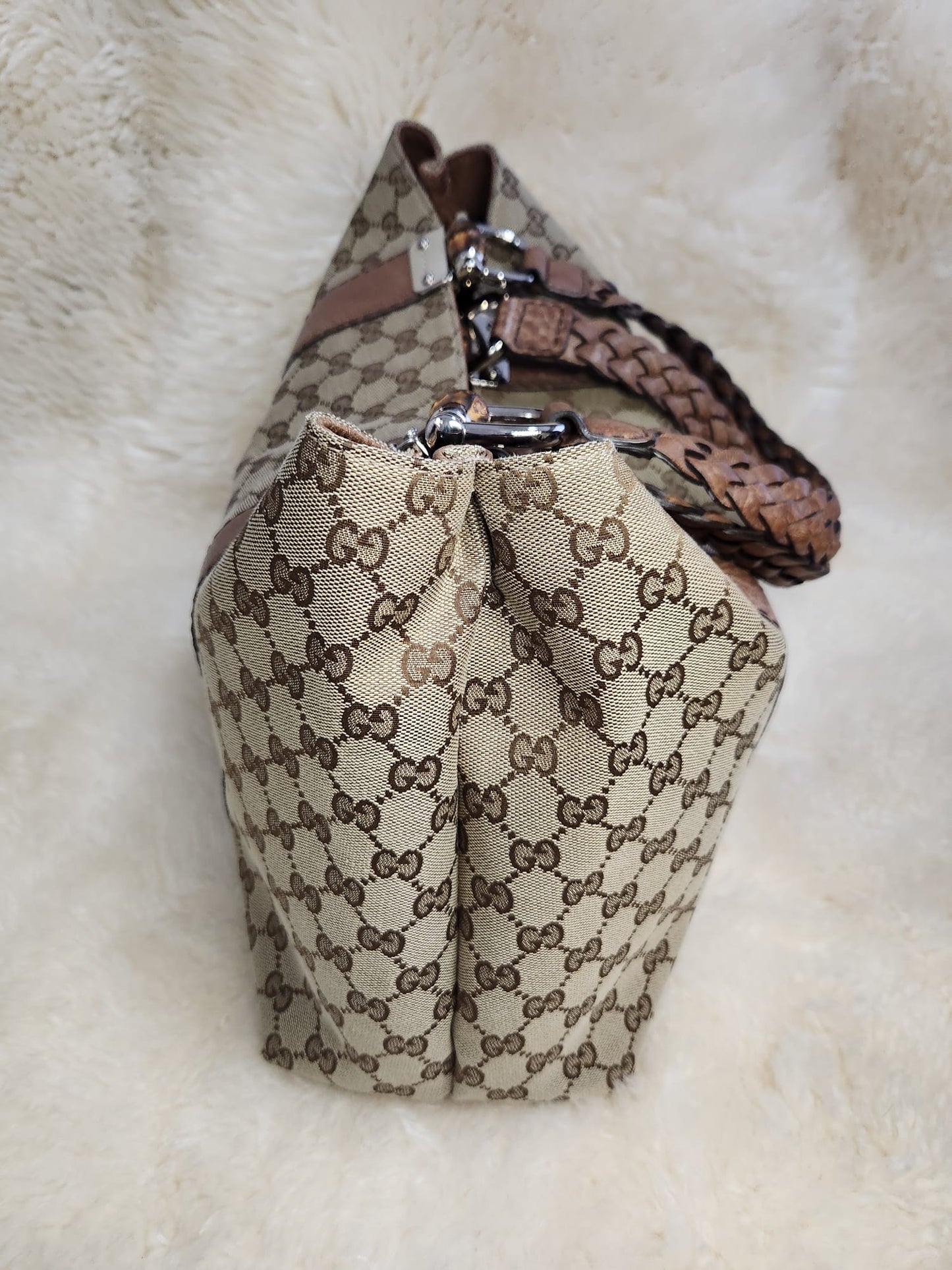 Gucci Monogram Bamboo Bar Tote with Brown Leather
