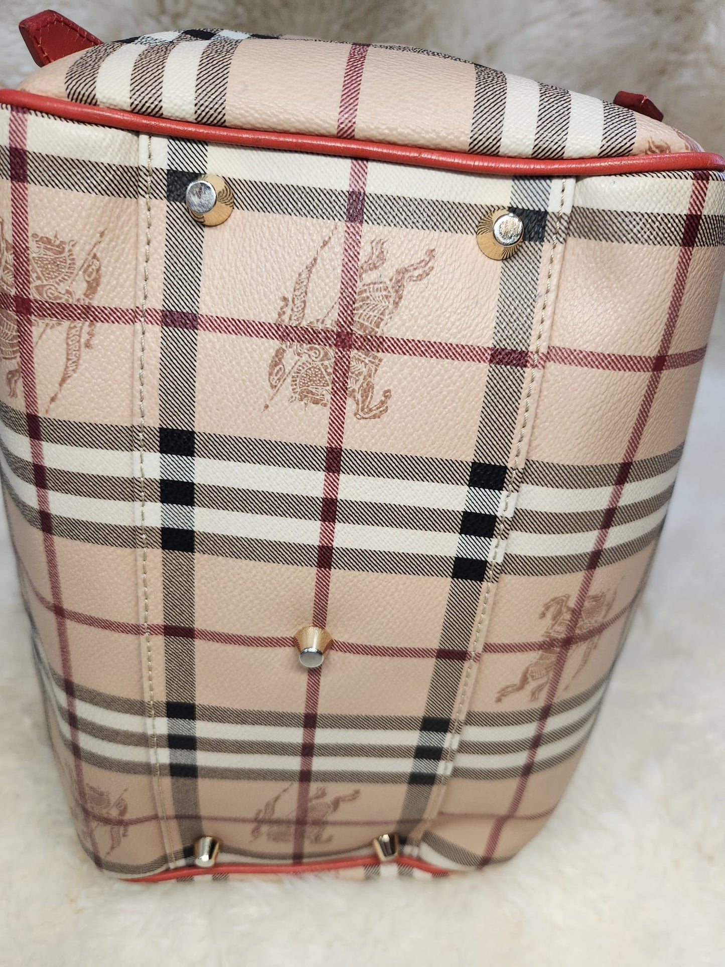 Burberry Red Leather Hay Market Check Canterbury Tote Bag