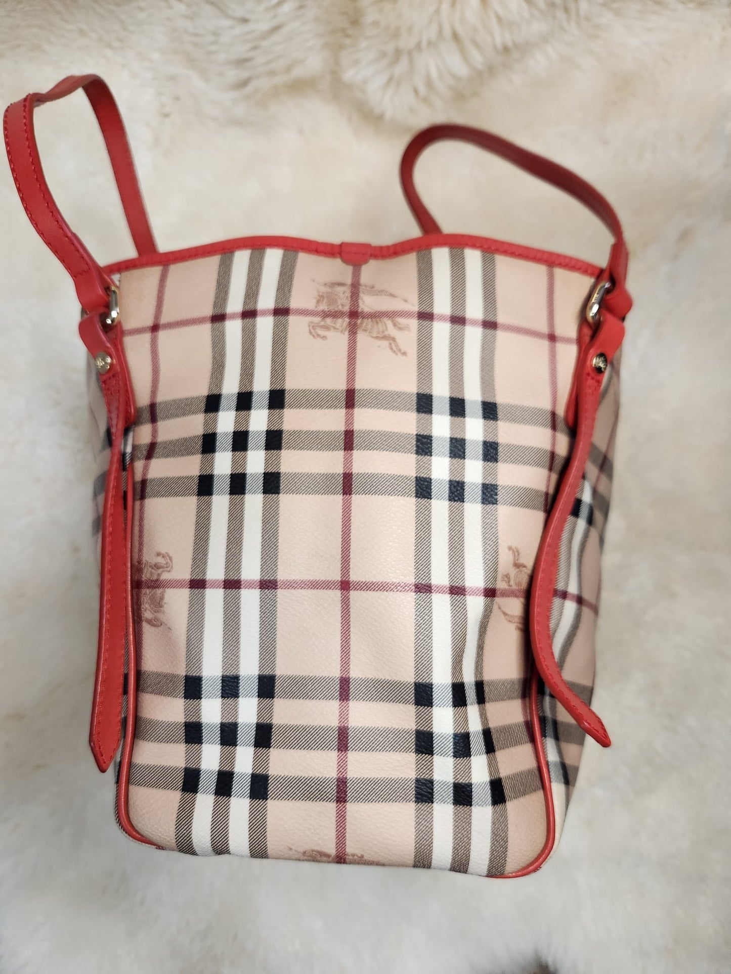 Burberry Red Leather Hay Market Check Canterbury Tote Bag