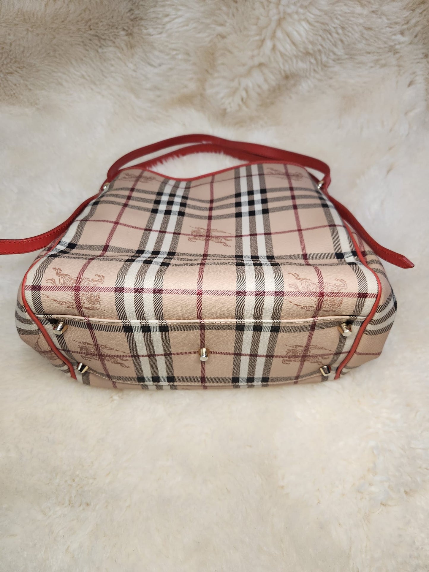 Burberry Red Leather Hay Market Check Canterbury Tote Bag