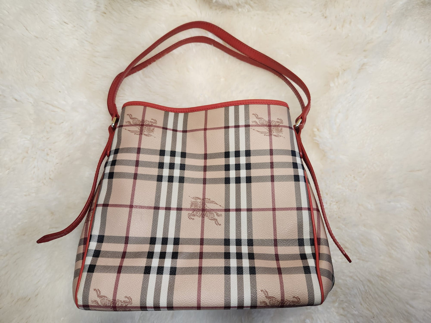 Burberry Red Leather Hay Market Check Canterbury Tote Bag