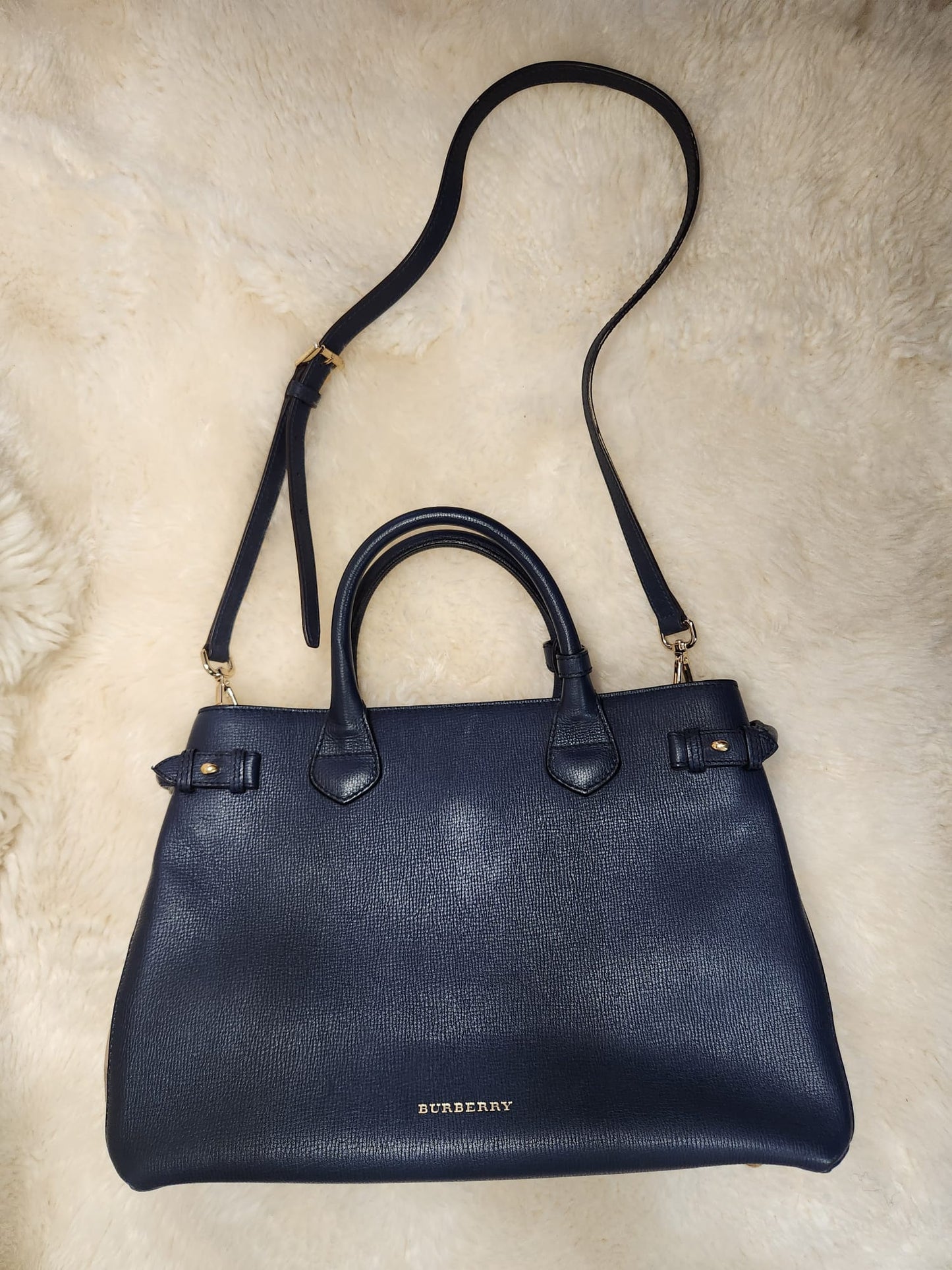 Burberry Blue Pebble Leather House Chloe Large Tote without belt