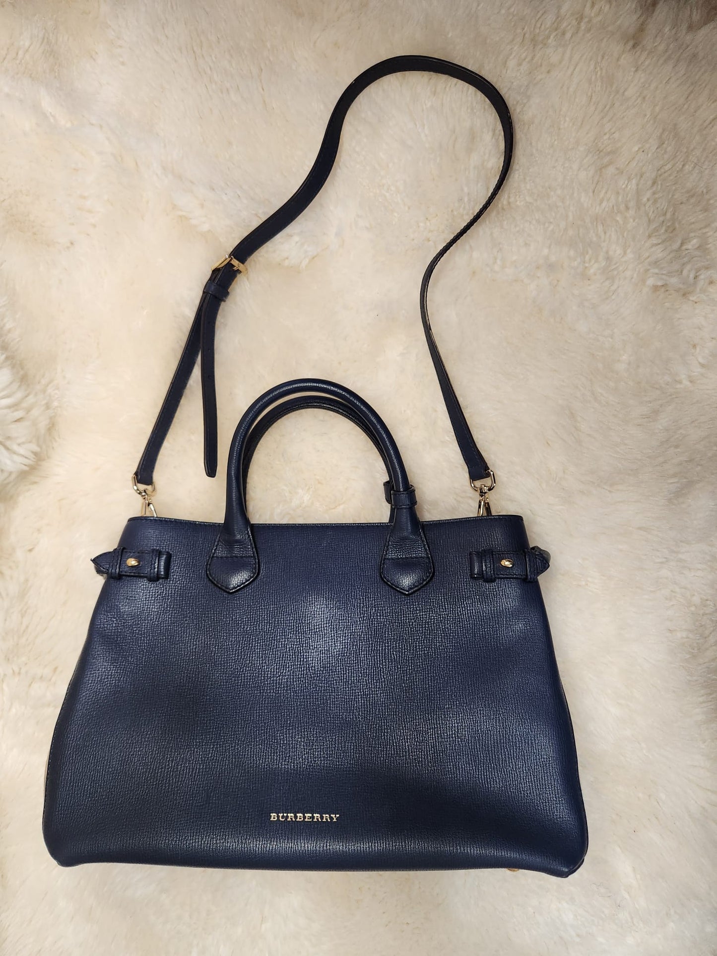 Burberry Blue Pebble Leather House Chloe Large Tote without belt