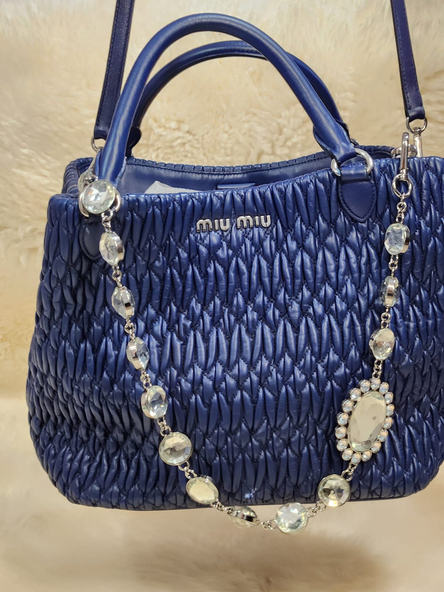 MUI MUI Matelasse Lambskin Leather with two belts Crystal and Leather Belt Royal Blue