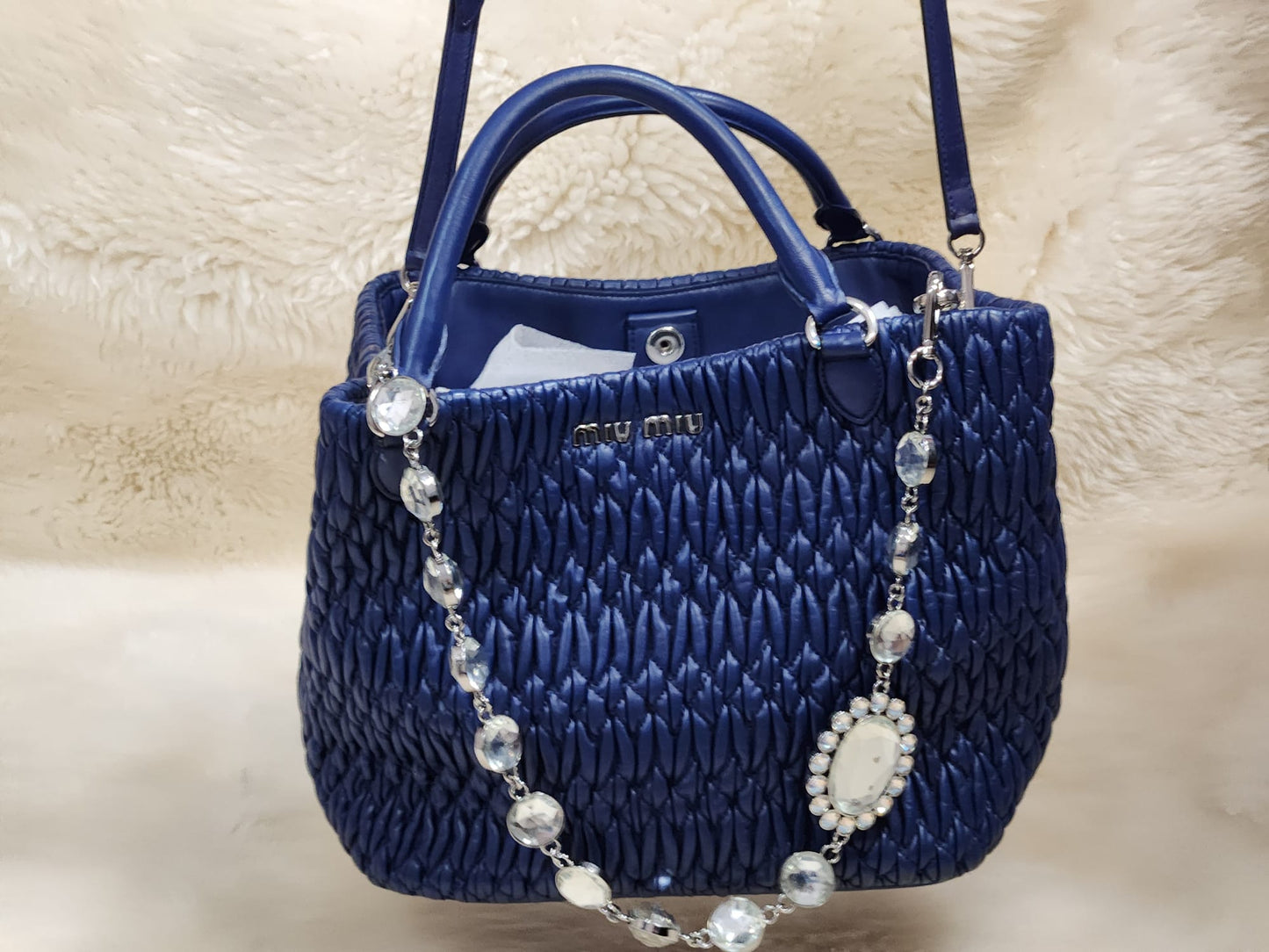 MUI MUI Matelasse Lambskin Leather with two belts Crystal and Leather Belt Royal Blue