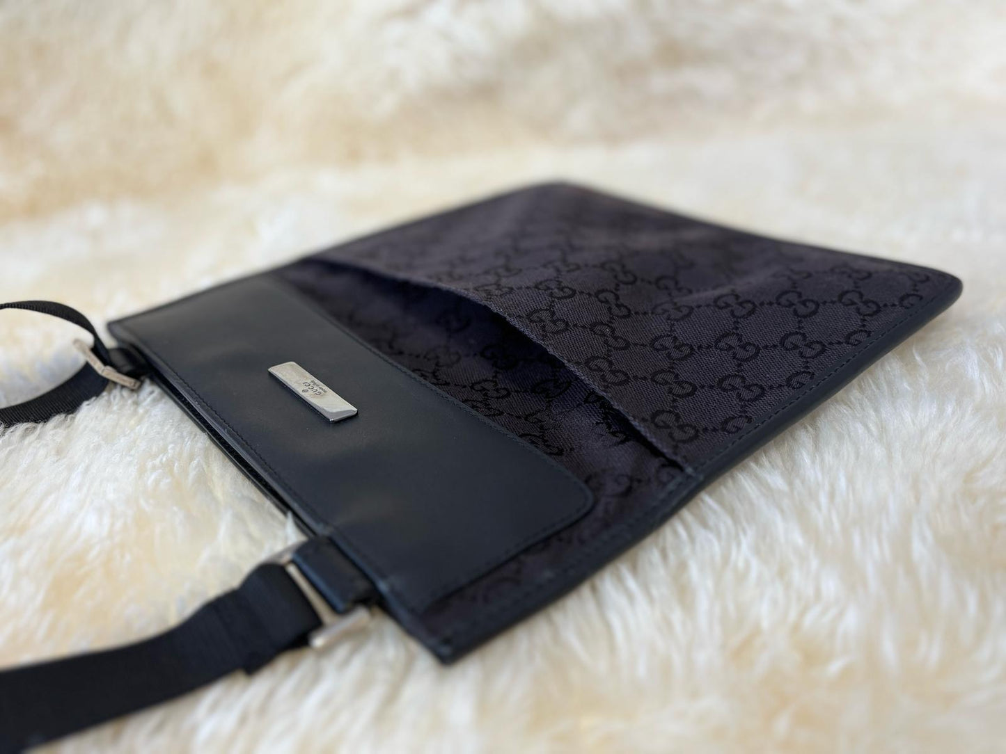 Gucci Men Black Canvas Messenger Bag Monogram with Silver Hardware