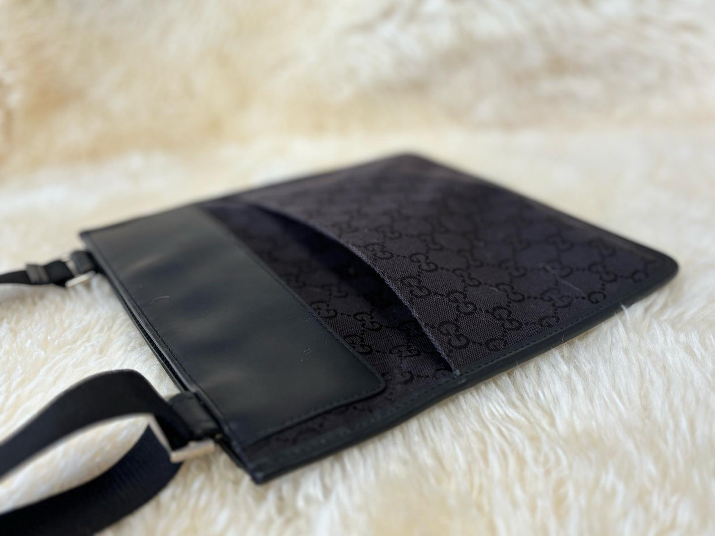 Gucci Men Black Canvas Messenger Bag Monogram with Silver Hardware