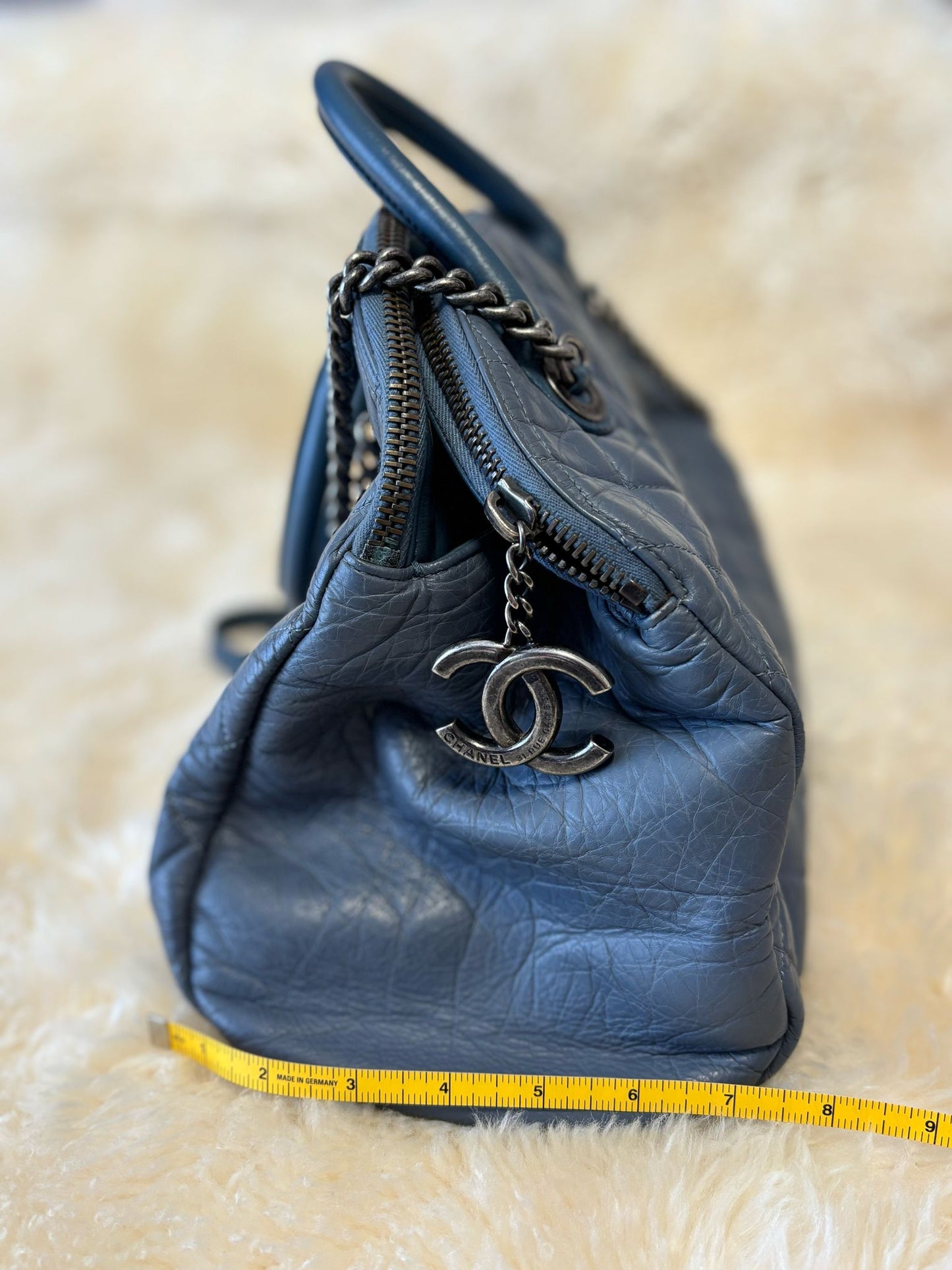 Chanel Tote Blue Calf Skin Leather with signs of usage