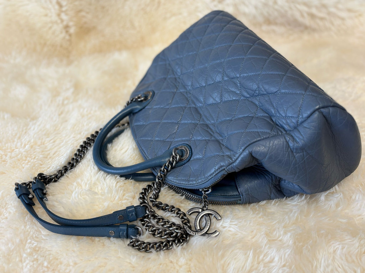 Chanel Tote Blue Calf Skin Leather with signs of usage