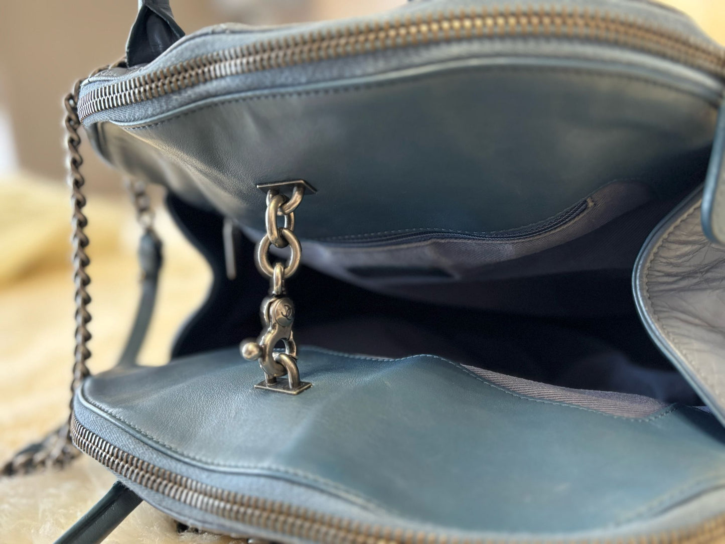 Chanel Tote Blue Calf Skin Leather with signs of usage
