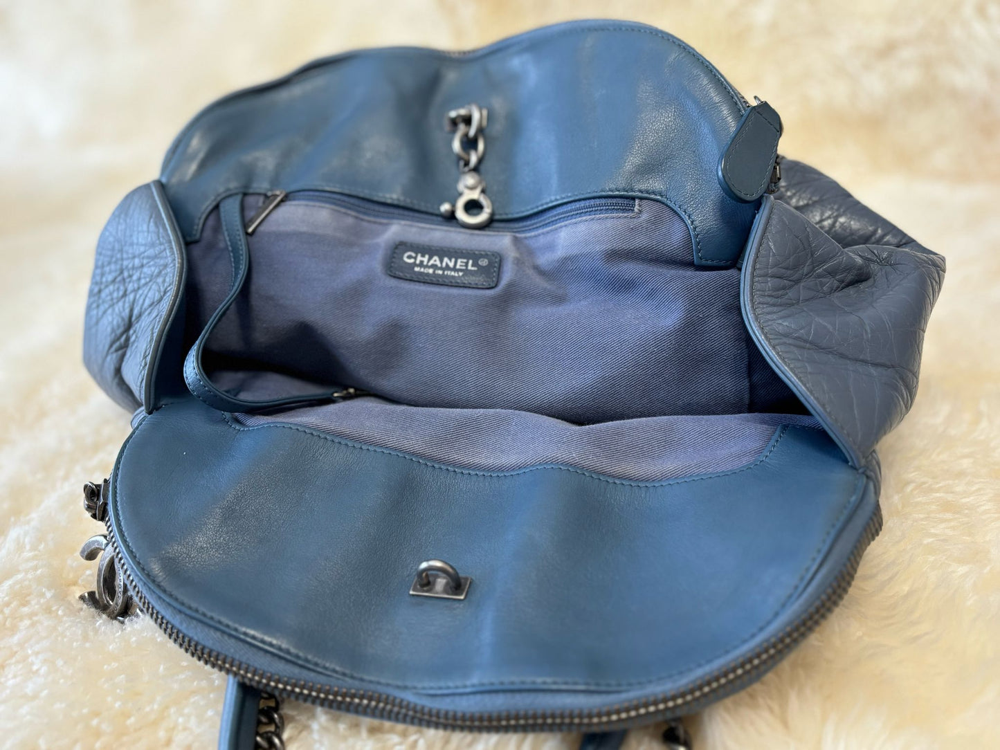 Chanel Tote Blue Calf Skin Leather with signs of usage