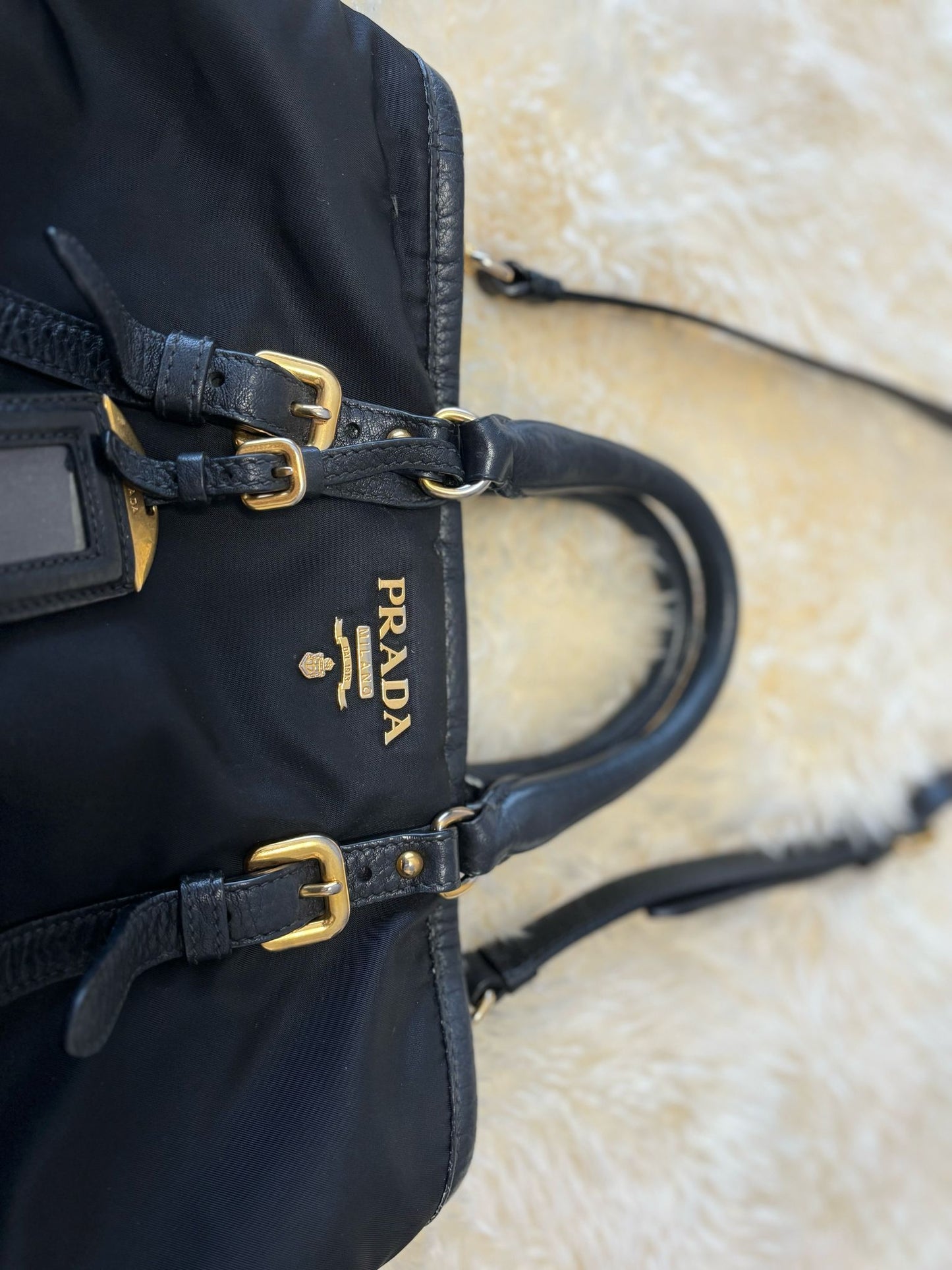 Prada Tessuto Boston Crossbody Bag Black with Gold Hardware