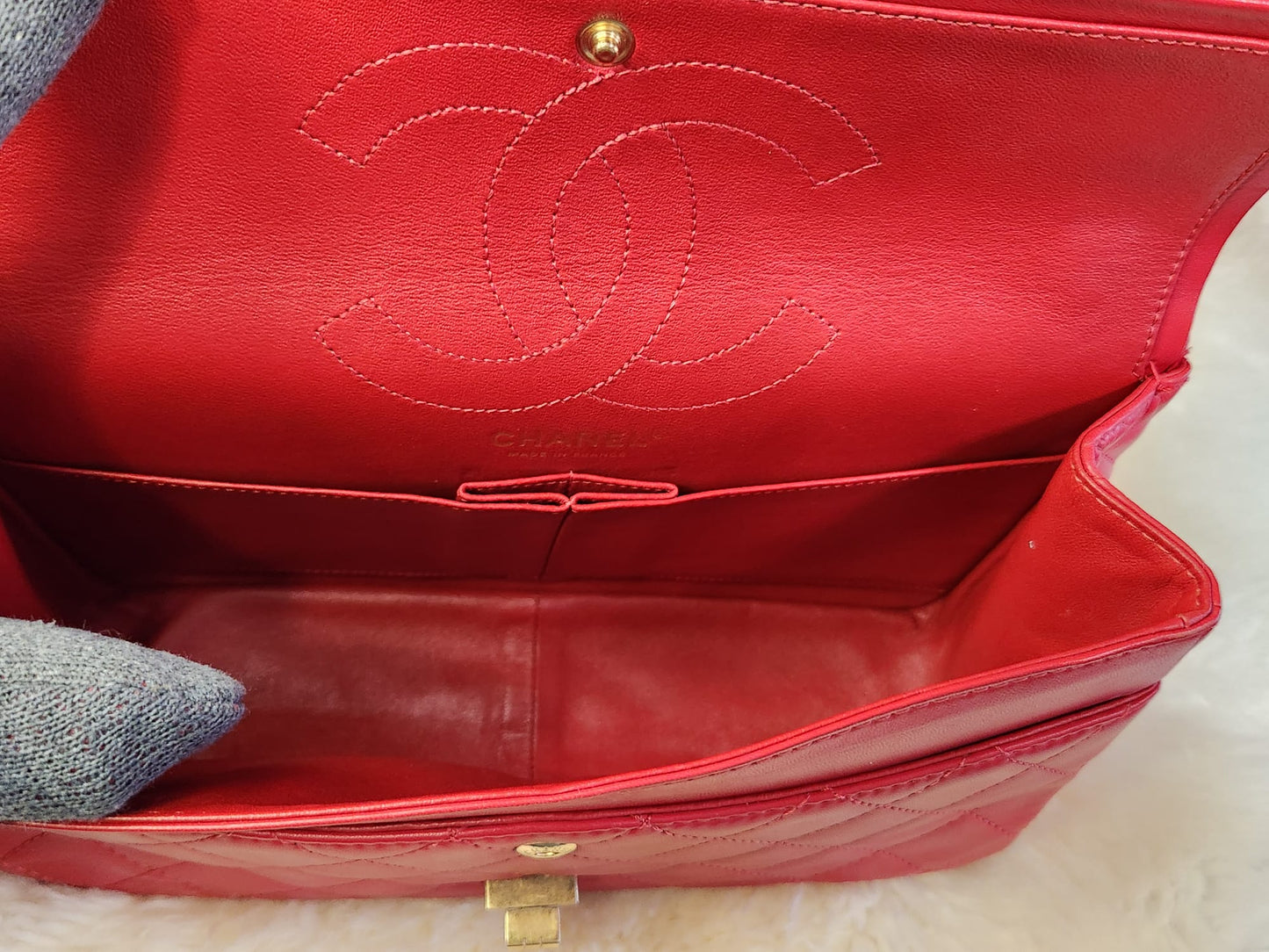 Chanel 2.55 Red Lambskin Leather in antique style gold tone hardware
