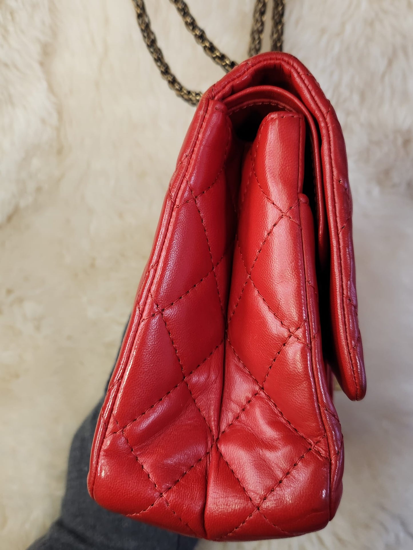 Chanel 2.55 Red Lambskin Leather in antique style gold tone hardware