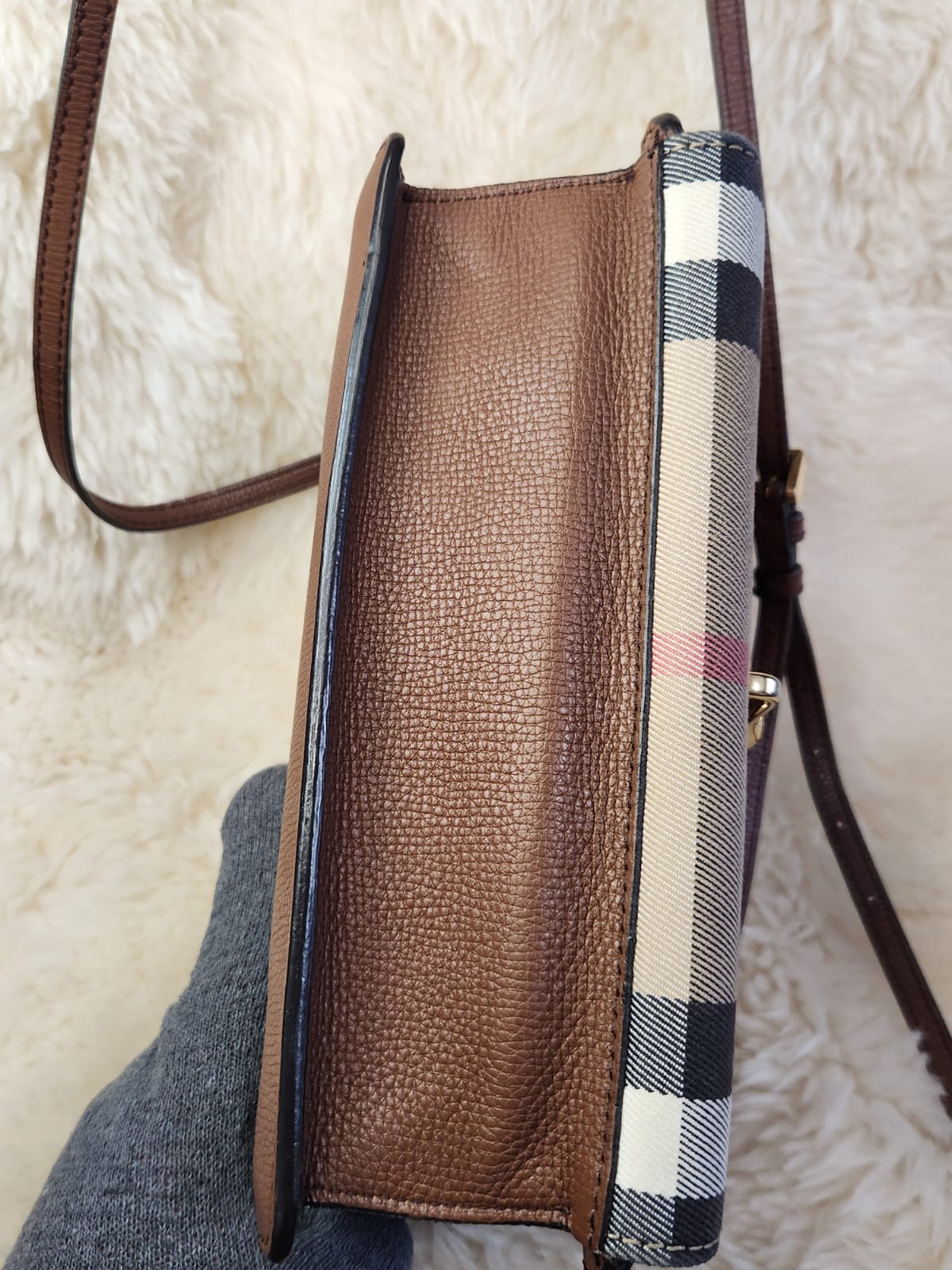Burberry Macken Crossbody Bag Leather and House Check Canvas Brown W9.5 x H6.5 inch