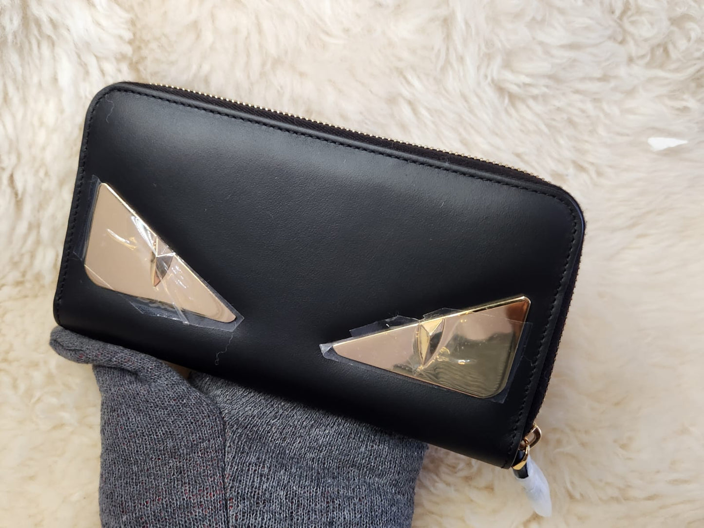 FENDI Bugs Eye Long Wallet Black  Gold Hardware 3.7 x 7.2 x 0.7 inch