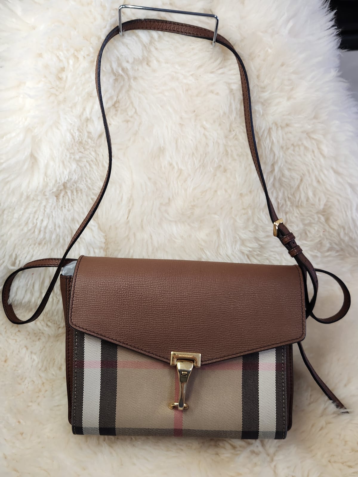 Burberry Macken Crossbody Bag Leather and House Check Canvas Brown W9.5 x H6.5 inch