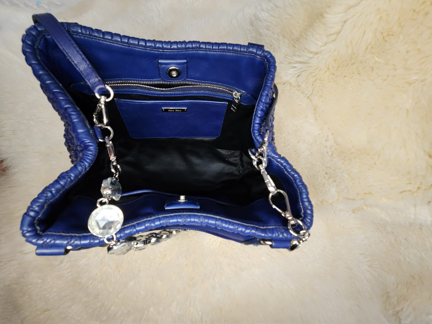 MUI MUI Matelasse Lambskin Leather with two belts Crystal and Leather Belt Royal Blue