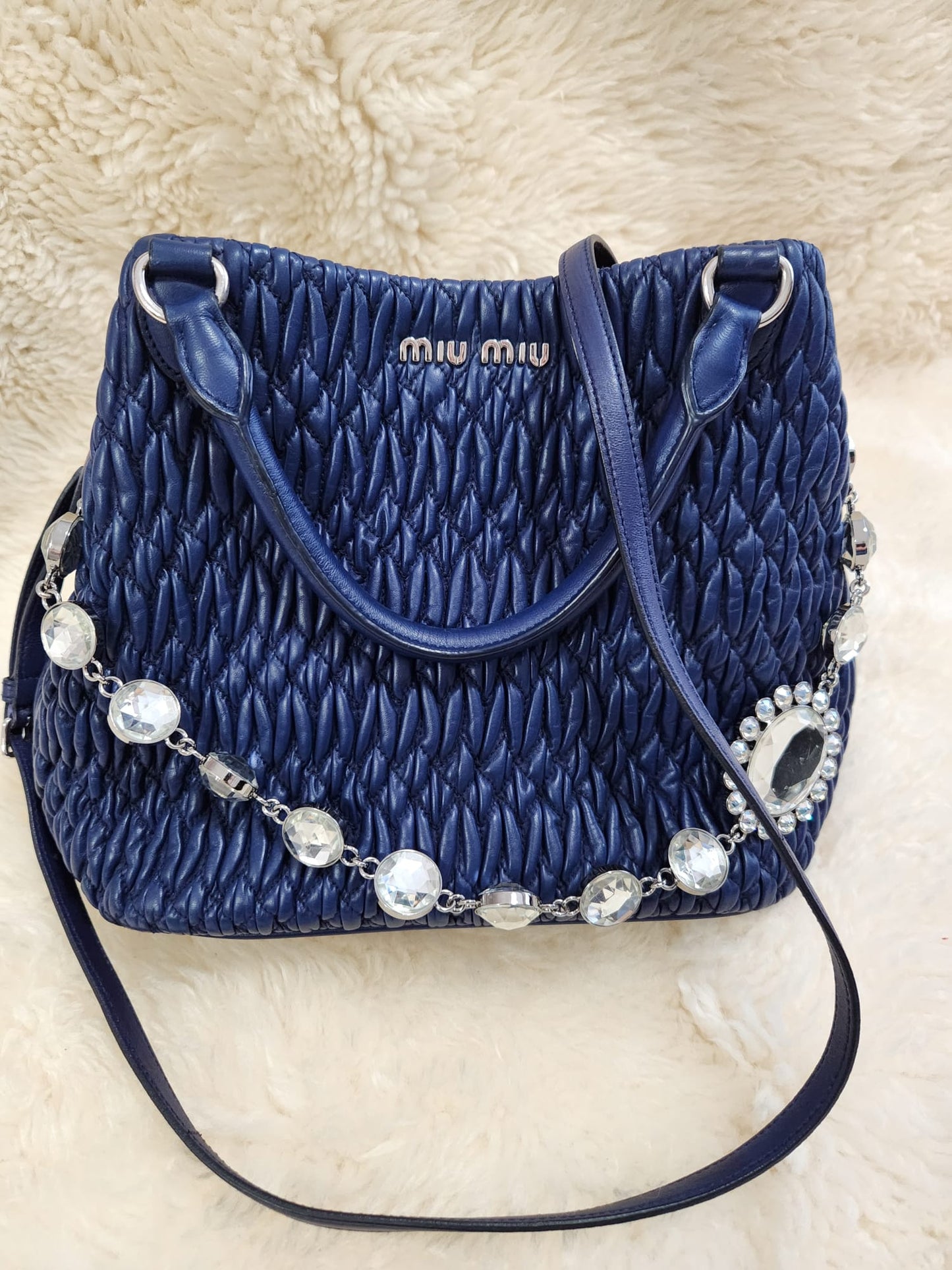 MUI MUI Matelasse Lambskin Leather with two belts Crystal and Leather Belt Royal Blue