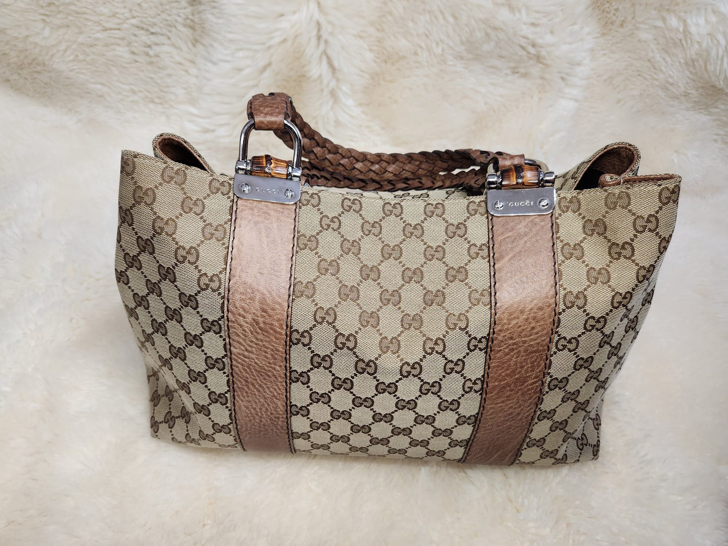 Gucci Monogram Bamboo Bar Tote with Brown Leather