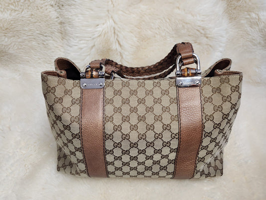 Gucci Monogram Bamboo Bar Tote with Brown Leather