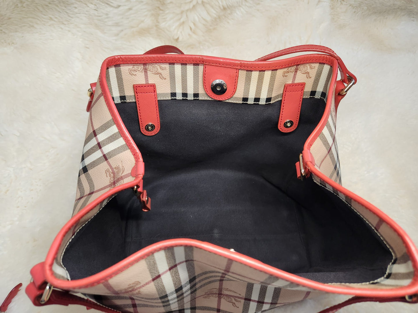 Burberry Red Leather Hay Market Check Canterbury Tote Bag