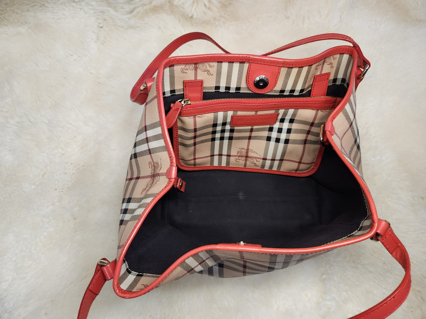 Burberry Red Leather Hay Market Check Canterbury Tote Bag