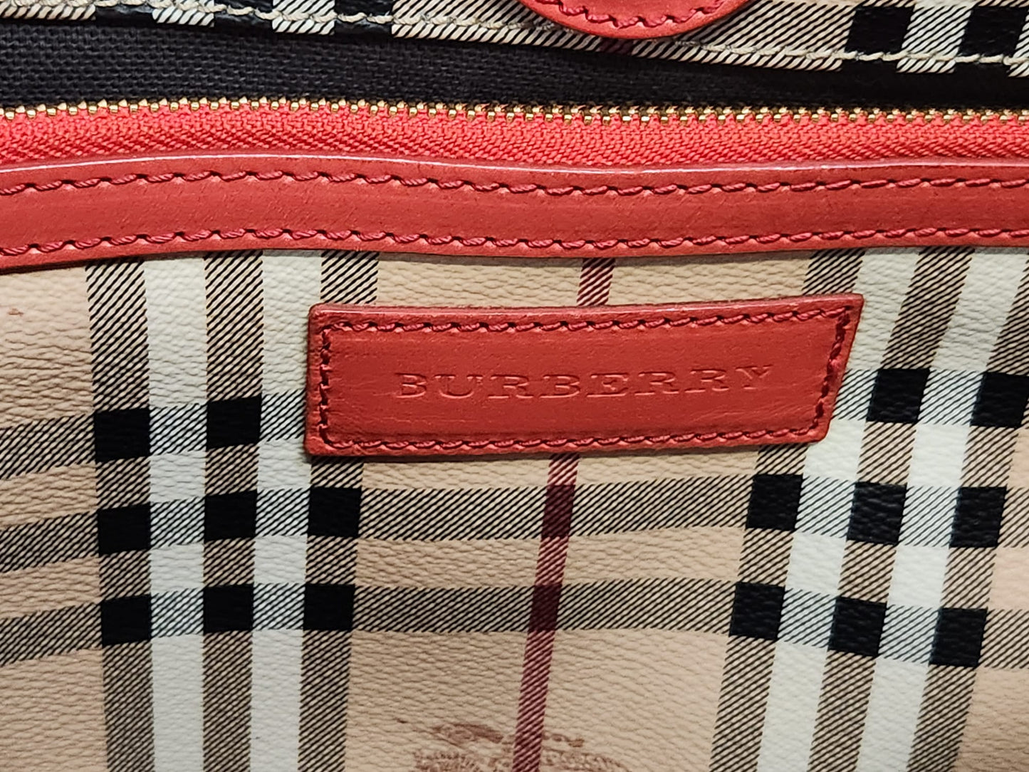 Burberry Red Leather Hay Market Check Canterbury Tote Bag