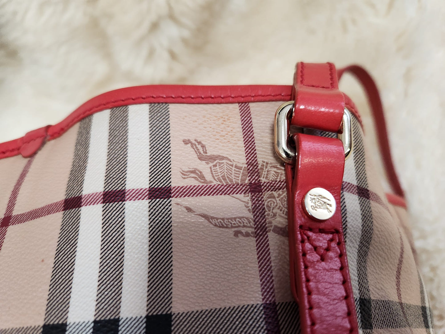 Burberry Red Leather Hay Market Check Canterbury Tote Bag