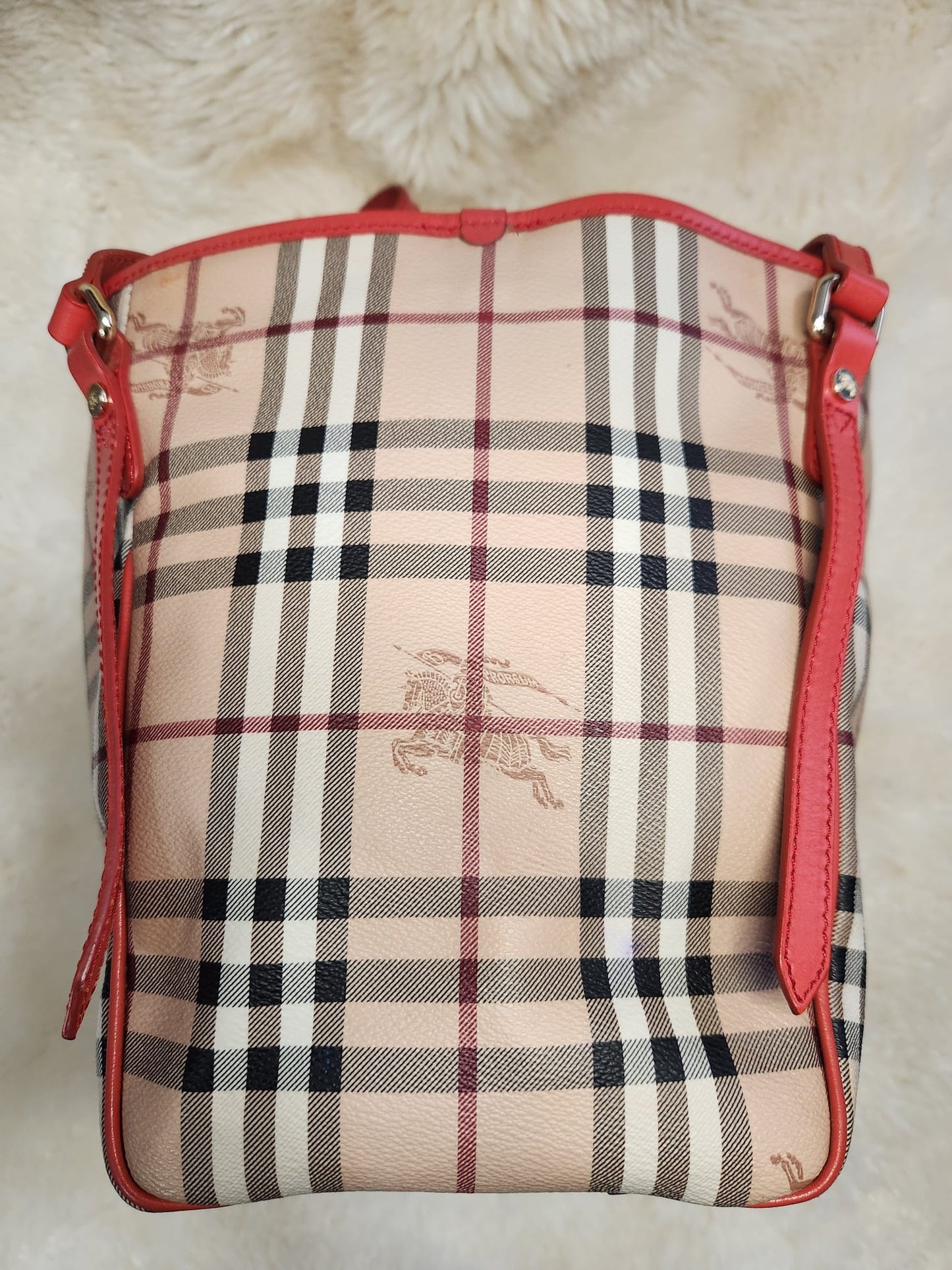 Burberry Red Leather Hay Market Check Canterbury Tote Bag