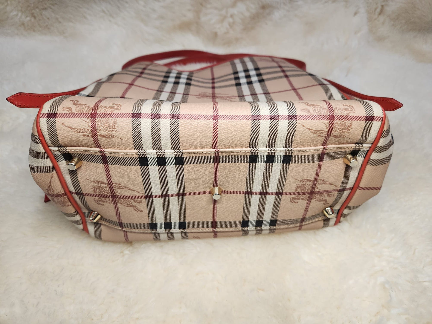 Burberry Red Leather Hay Market Check Canterbury Tote Bag